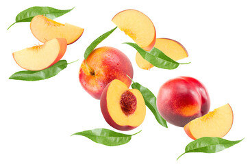 flying peach fruit with green leaf isolated on white background. clipping path
