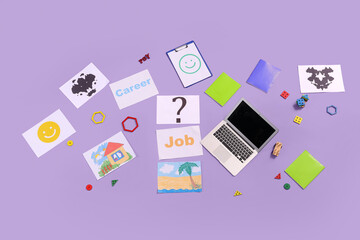 Paper sheets with word JOB, question mark, laptop and child psychologist's items on lilac background, top view