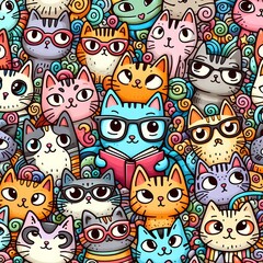 Cat Doodle Art Cartoon. Various cats with expressive faces in a crowded pattern
