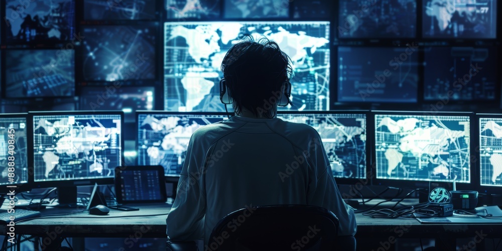 Poster young male network security specialist working at night in a dark room full of computer screens moni