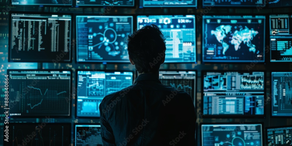 Poster Man in dark room surrounded by bright computer screens with graphs and data