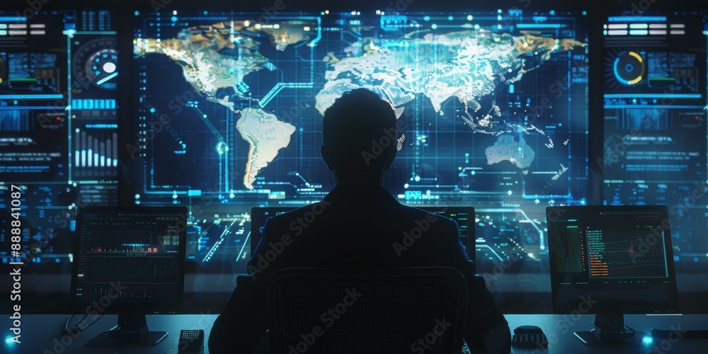 Poster malevolent hacker in dark room surrounded by digital screens and world map