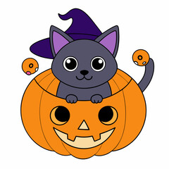 Vector illustration of a cute cat in a witch's hat inside a carved pumpkin with Halloween decorations on a white background for Cat Day