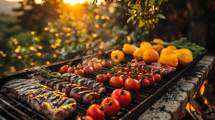 A grill is set up with a variety of meats and vegetables, including tomatoes