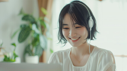 明るい部屋でノートパソコンを使う日本人女性