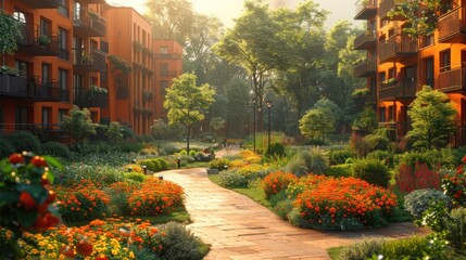 Fototapeta premium Morning Stroll through a Lush Urban Garden