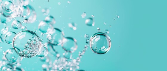  A collection of bubbles drifting in the sky against a backdrop of blue and green One bubble drips a droplet of water