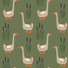 Vector seamless pattern with funny geese and reeds. Cute cartoon birds wallpaper. Repeat texture for textile or erapping paper.