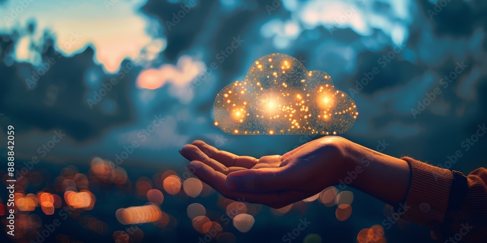 Poster Hand holding a glowing cloud of data representing the concept of cloud computing and digital storage