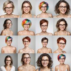Short hair pink, blonde, brown, smiling and with naked shoulder and neck woman webcam faces on white and grey backgrounds.. The females have glasses. 	
