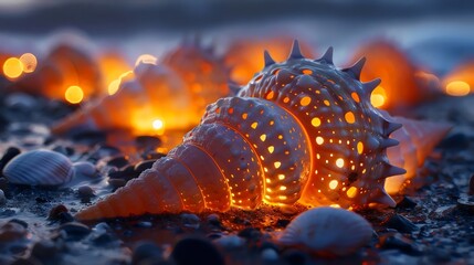 A shell with a hole in the middle is lit up with a light