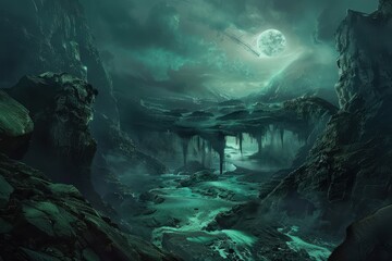 Mystical moonlit cavern with glowing river and eerie rock formations