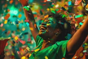 Vibrant party scene black woman joyful celebration with colorful makeup, confetti falling around. Holds flag, beams with excitement, surrounded by lively decorations, energetic atmosphere.