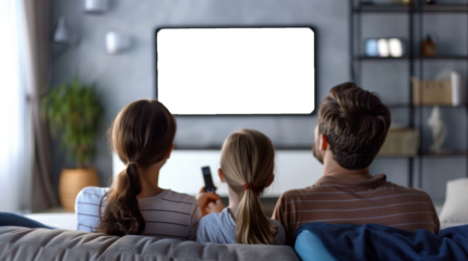 Family with remote control sitting on couch and watching TV at home, Rear view, Blank white TV Screen