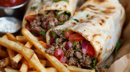 Fries with meat and vegetable filled lavash wraps