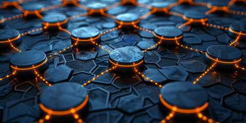 Obraz premium Abstract network connections with glowing dots and lines on a dark blue background, concept of digital technology, modern design template. 3D Rendering
