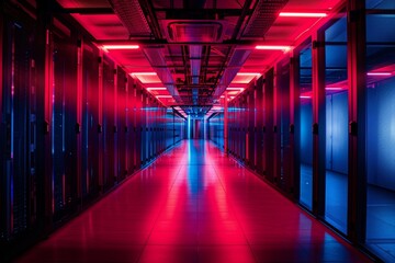 Fototapeta premium Futuristic server room with red and blue neon lights illuminating the aisle
