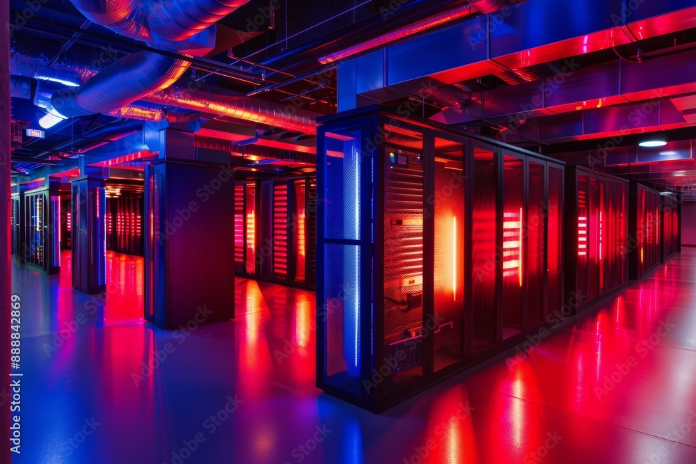 Poster futuristic glowing blue and red server room with rows of computer racks