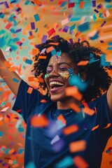 Vibrant party scene featuring a black woman celebrating with colorful makeup and confetti shower. Dynamic lighting captures high energy moment. Perfect for commercial use in energetic atmosphere.