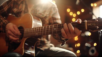 Obraz premium A close-up shot of a person playing an acoustic guitar in a warm, rustic setting with soft lighting and bokeh background, creating a cozy ambiance.