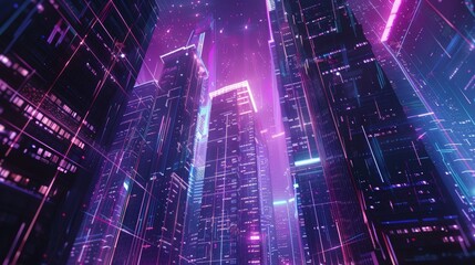 Naklejka premium Futuristic cityscape with glowing neon lights and skyscrapers reaching towards the sky