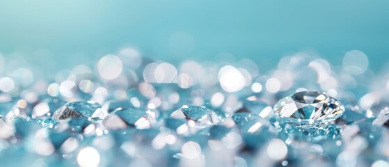  A collection of diamonds atop a blue backdrop; numerous diamonds scattered on the surface midway