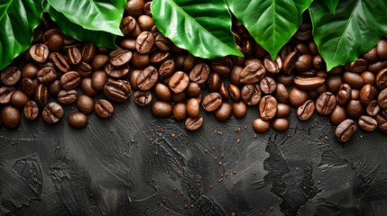 a background image of coffee beans with green leafs