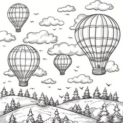 Whimsical Flight: Hot Air Balloon Drawing for Coloring, Offering Creative Fun and Artistic Expression