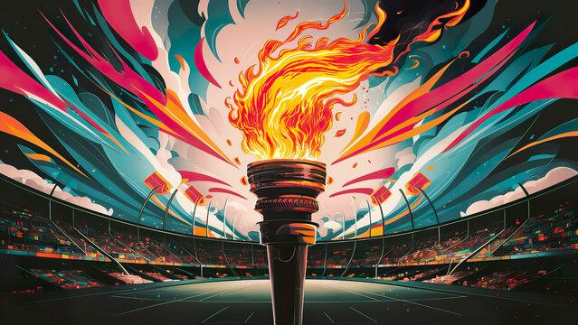 Torch with flame, burning Olympics Games Fire. Opening ceremony. Summer Olympic Games in France. Sports game victory symbol. Creative abstract background for banner or poster with copy space
