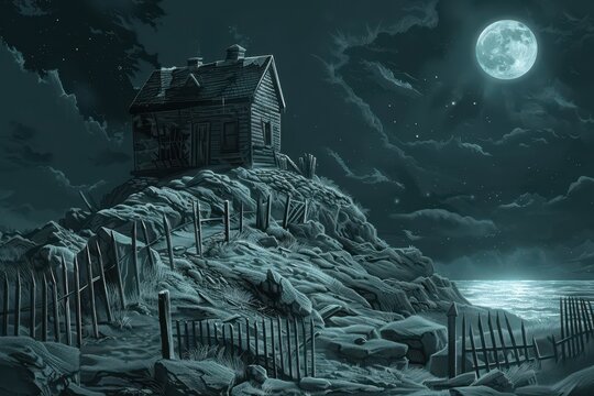 Mysterious cabin perched on rocky cliff under full moon