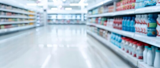   a grocery store aisle stocked with milk and soda cans Shelves display lined-up soda cans
