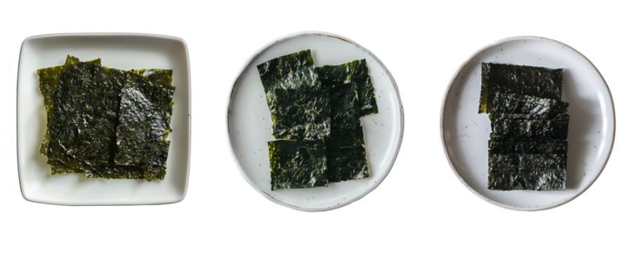 flat lay photograph of nori seaweed on a white plate isolated est