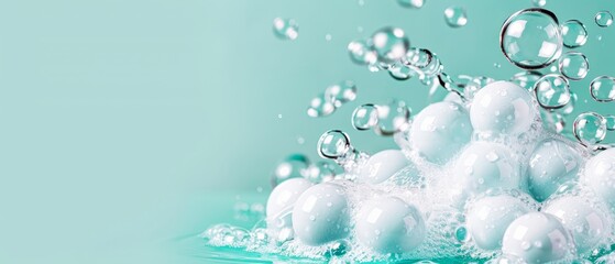  A collection of bubbles hovering above a body of water against a backdrop of blue and green, with a few emerging from the surface