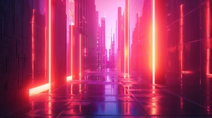 A futuristic city street illuminated by vibrant neon lights. The glowing red and purple hues create a surreal and captivating atmosphere.