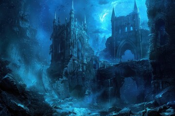 Ancient ruins of a gothic cathedral submerged in the depths of the ocean