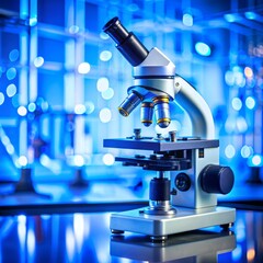Microscope in a Blue Lab, close-up, lab equipment, science, research, microscopy