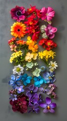 top-down photograph of cut blossoms arranged in chromatic rainbow color order on a sleek grey background