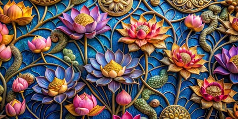Intricate Lotus Floral Relief, colorful woodcarving , blue background , gold accents , asian art , lotus flower , wood