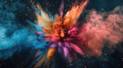 Colorful powdered explosion on dark backdrop