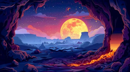 Cave and moon vector style