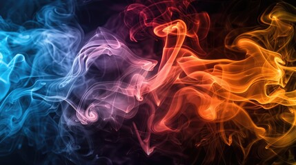 Fototapeta premium Colorful swirling smoke patterns with flames on black background