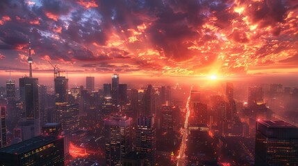 Fototapeta premium A vibrant cityscape bathed in the warm glow of a dramatic sunset, with clouds ablaze in fiery hues.