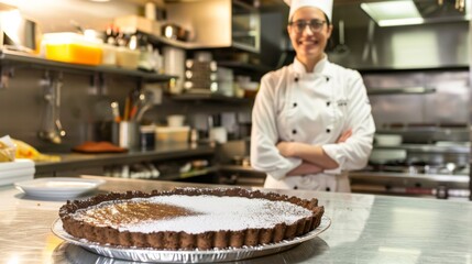 chocolate pie and a chef stand behind in a professional kitchen