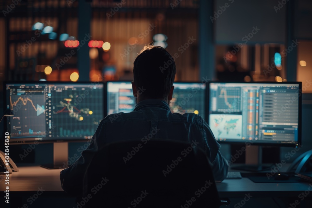 Aufkleber male stock trader analyzing financial data on multiple computer screens in dark office