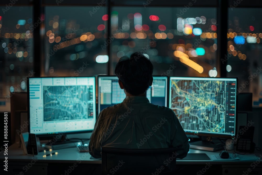 Fototapete man analyzing complex data on multiple computer screens in a dark room with a cityscape at night