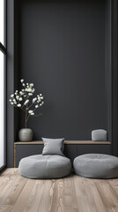 Serene property interiors with minimal furniture and relaxing arrangements together with day lighting. Residential Real Estate interiors with oriental vibes.