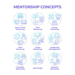 Mentorship blue gradient concept icons. Patronage and guidance. Role model. Supporting career growth. Professional development. Icon pack. Vector images. Round shape illustrations. Abstract idea