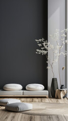 Serene property interiors with minimal furniture and relaxing arrangements together with day lighting. Residential Real Estate interiors with oriental vibes.