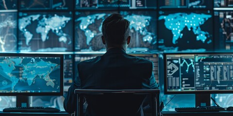 Man in dark suit sits at desk surrounded by computer screens showing world maps and data