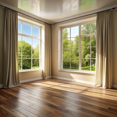 Fototapeta premium Sunlit Room with Wood Floor and Two Windows, interior design, home decor, natural light, windows